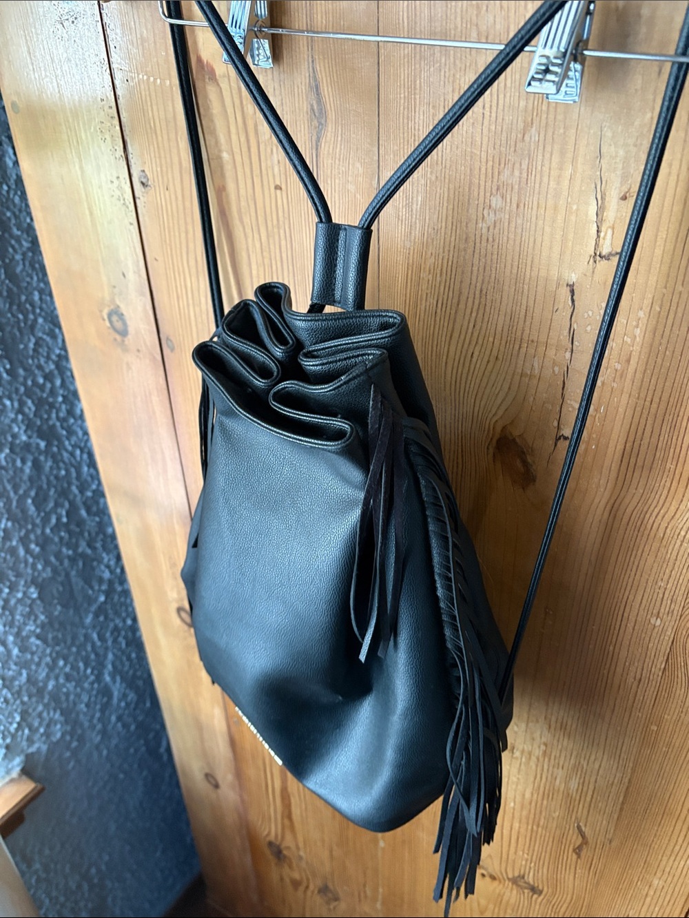 Victoria's Secret Black Leather Fringe Drawstring Backpack - Picture 2 of 3